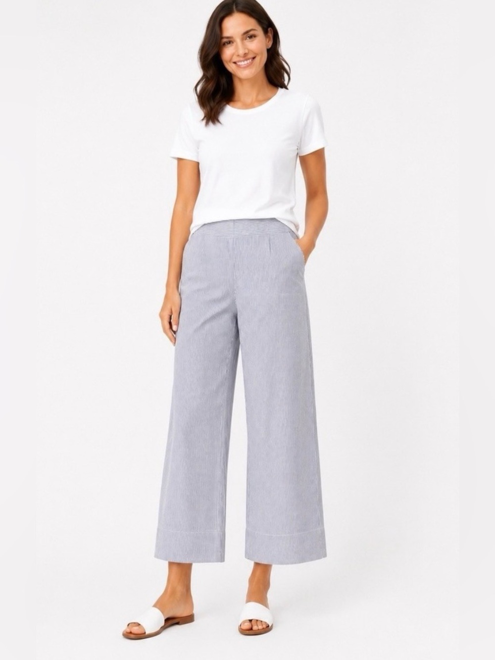 Talbots Blue & White Stripe Pull-On Wide Leg Cropped Pants Size XS preppy comfy